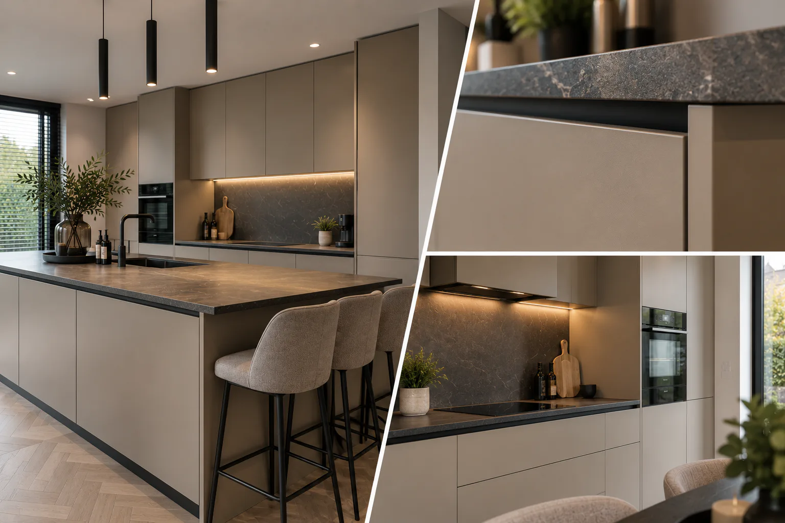 Collage van een taupekleurige keuken met kookeiland en details van de gewrapte fronten
