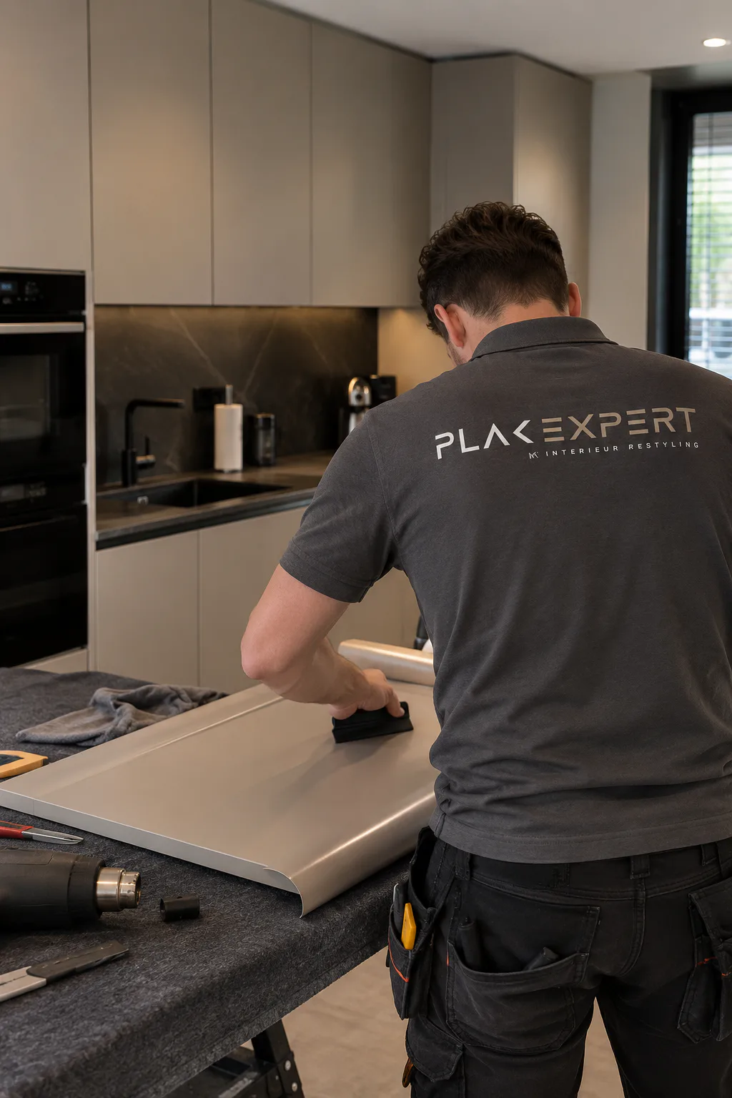 PlakExpert-specialist die interieurfolie aanbrengt op een gedemonteerd keukenfront