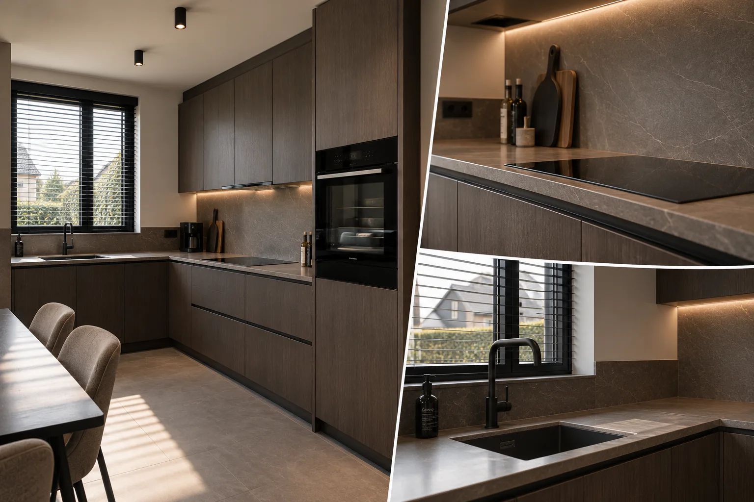 Collage van een donkerbruine houtlook keuken met details van fronten, werkblad en spoelbak
